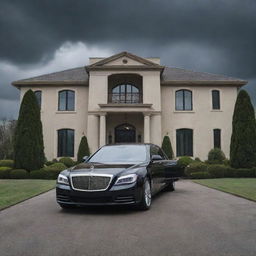 An emotional image portraying a rich person's large mansion with a luxury car standing still, under a somber sky, indicating the person's unfortunate demise.