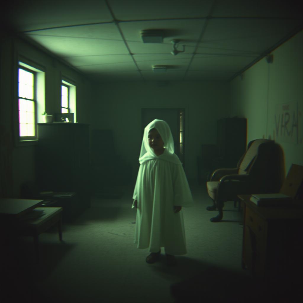 A hyper-realistic scene captured from a distance on security camera footage, depicting a ghostly child in a dimly lit, abandoned building