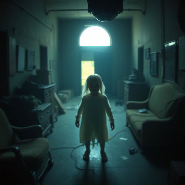 A hyper-realistic scene captured from a distance on security camera footage, depicting a ghostly child in a dimly lit, abandoned building