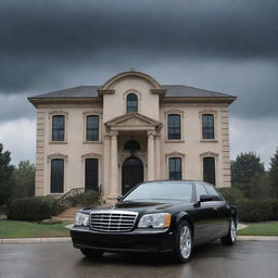 An emotional image portraying a rich person's large mansion with a luxury car standing still, under a somber sky, indicating the person's unfortunate demise.