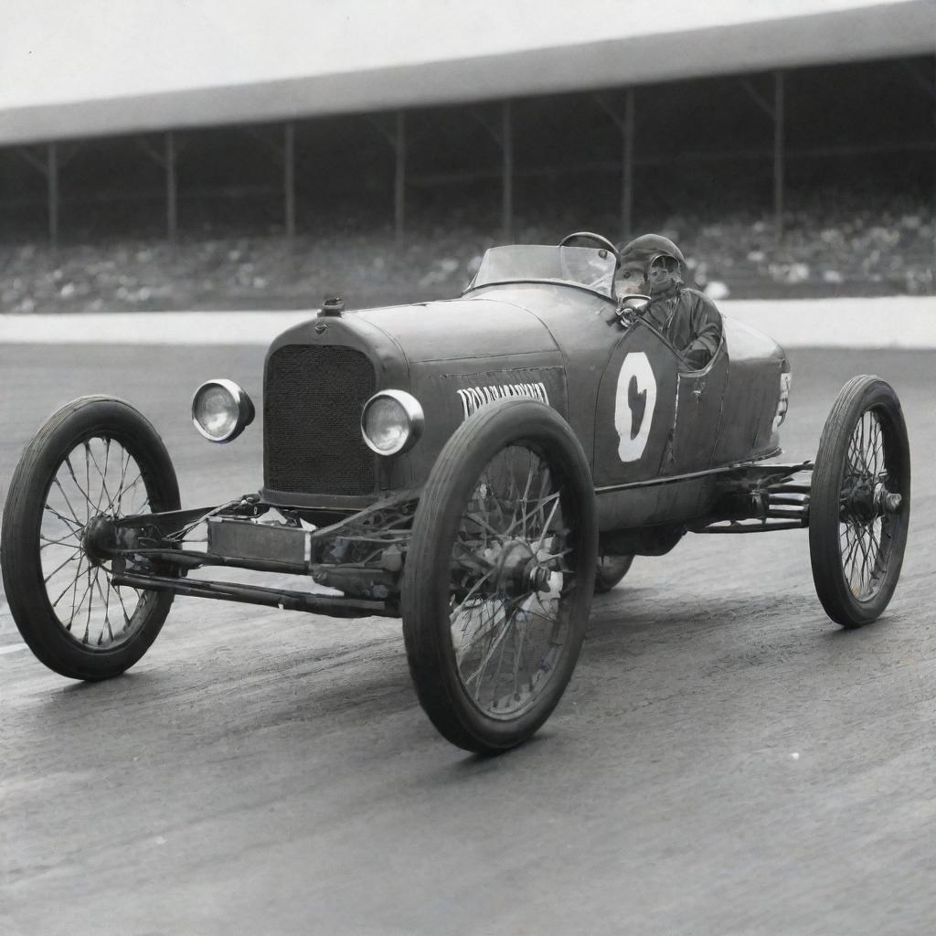 A reimagined NASCAR car from the 1900s, projecting the racing influence onto a period automobile. The vehicle incorporates basic modifications for early racing, with tall, slender wheels, open-air driver cockpit, and simplistic mechanical elements visible