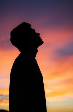 A man standing with his back facing the viewer, gazing up at a stunning sky