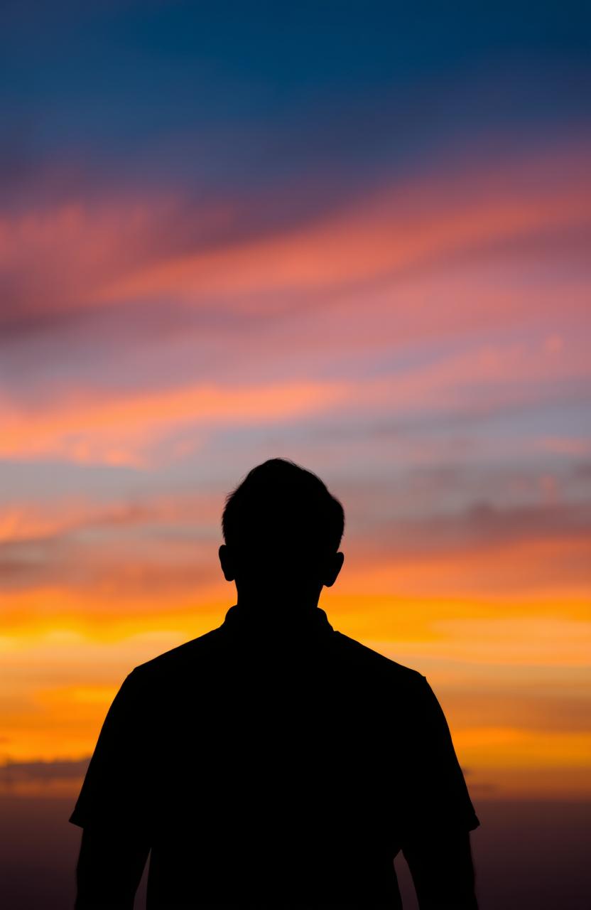 A man standing with his back facing the viewer, gazing up at a stunning sky