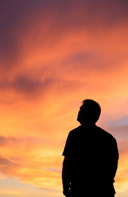 A man standing with his back facing the viewer, gazing up at a stunning sky