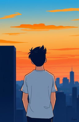 A cartoon illustration of a young man standing with his back facing the viewer, gazing up at a beautiful sky