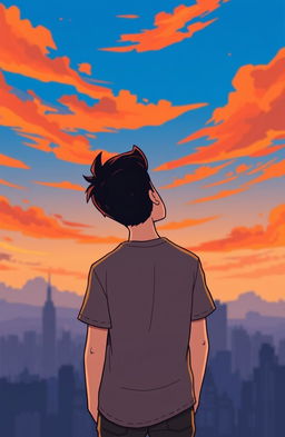 A cartoon illustration of a young man standing with his back facing the viewer, gazing up at a beautiful sky