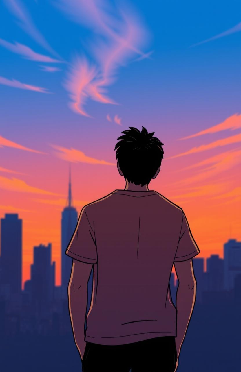 A cartoon illustration of a young man standing with his back facing the viewer, gazing up at a beautiful sky