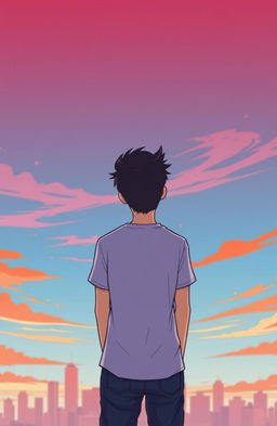 A cartoon illustration of a young man standing with his back facing the viewer, gazing up at a beautiful sky