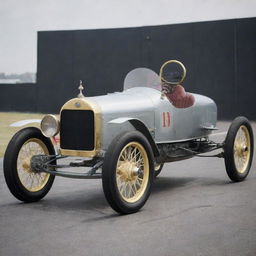 A reimagined NASCAR car from the 1900s, projecting the racing influence onto a period automobile. The vehicle incorporates basic modifications for early racing, with tall, slender wheels, open-air driver cockpit, and simplistic mechanical elements visible