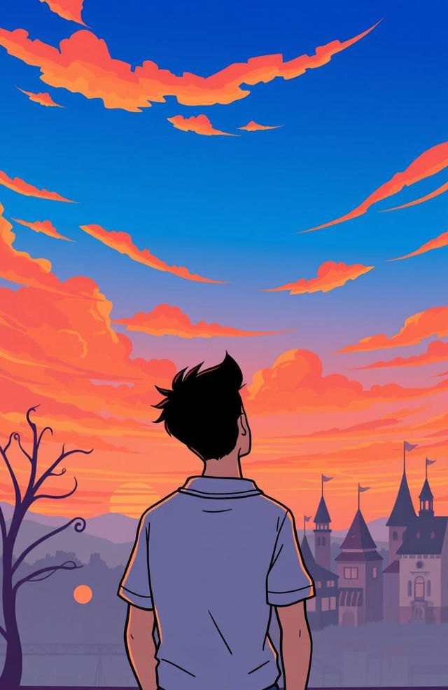 A cartoon of a man facing away, gazing at the sky on the left side of the image