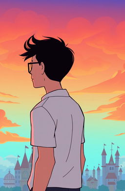 A cartoon of a man facing away, gazing at the sky on the left side of the image