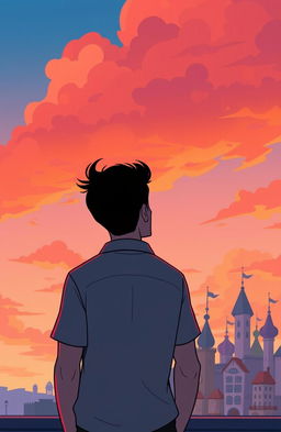A cartoon of a man facing away, gazing at the sky on the left side of the image