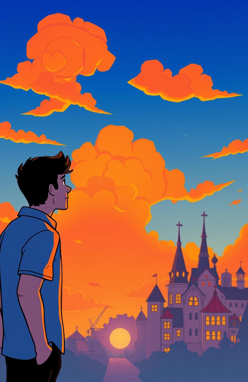 A cartoon of a man facing away, gazing at the sky on the left side of the image