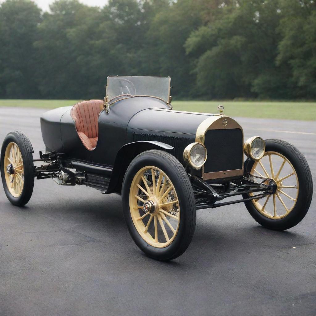 A reimagined NASCAR car from the 1900s, projecting the racing influence onto a period automobile. The vehicle incorporates basic modifications for early racing, with tall, slender wheels, open-air driver cockpit, and simplistic mechanical elements visible