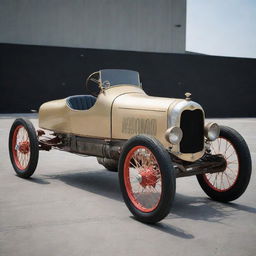 A reimagined NASCAR car from the 1900s, projecting the racing influence onto a period automobile. The vehicle incorporates basic modifications for early racing, with tall, slender wheels, open-air driver cockpit, and simplistic mechanical elements visible