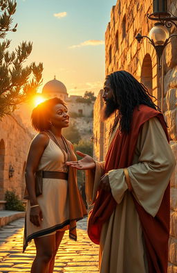A modern day black woman engaging in a conversation with Jesus Christ in the heart of ancient Jerusalem, surrounded by olive trees, ancient stone buildings, and cobblestone streets