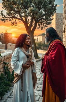 A modern day black woman engaging in a conversation with Jesus Christ in the heart of ancient Jerusalem, surrounded by olive trees, ancient stone buildings, and cobblestone streets