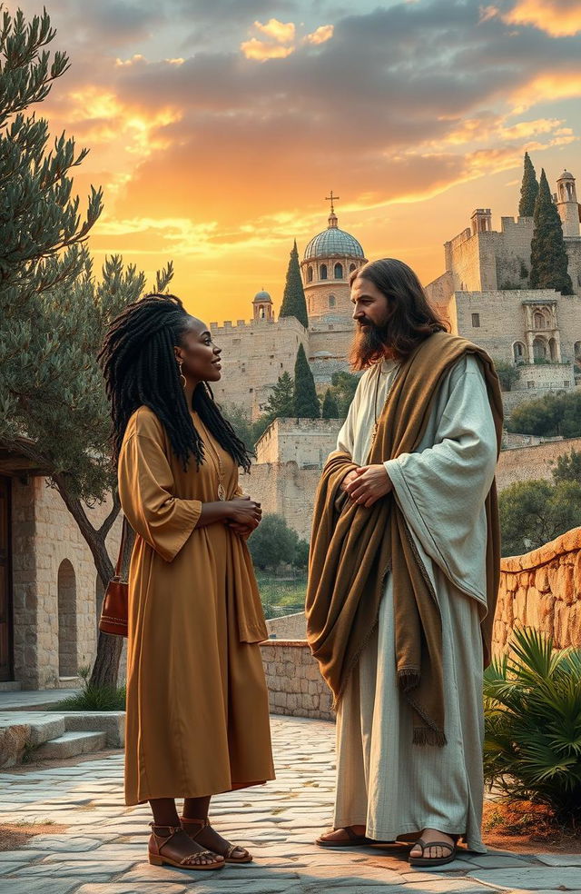 A modern day black woman engaging in a conversation with Jesus Christ in the heart of ancient Jerusalem, surrounded by olive trees, ancient stone buildings, and cobblestone streets