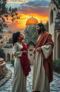 A modern day black woman engaging in a conversation with Jesus Christ in the heart of ancient Jerusalem, surrounded by olive trees, ancient stone buildings, and cobblestone streets