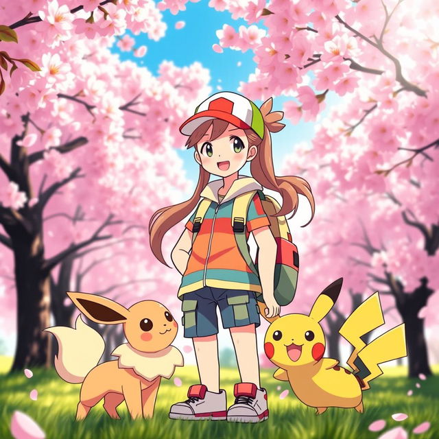 A cheerful girl Pokemon trainer standing confidently in a picturesque cherry blossom background, accompanied by her adorable Eevee and playful Pikachu