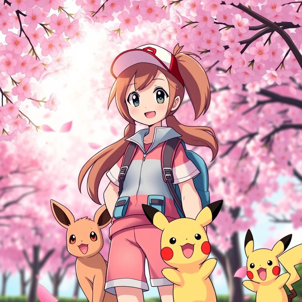 A cheerful girl Pokemon trainer standing confidently in a picturesque cherry blossom background, accompanied by her adorable Eevee and playful Pikachu