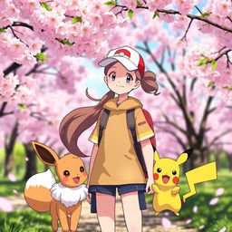 A cheerful girl Pokemon trainer standing confidently in a picturesque cherry blossom background, accompanied by her adorable Eevee and playful Pikachu