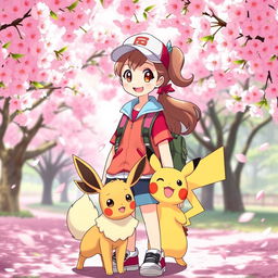 A cheerful girl Pokemon trainer standing confidently in a picturesque cherry blossom background, accompanied by her adorable Eevee and playful Pikachu