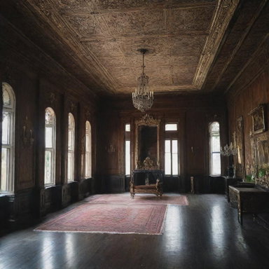 The grand mansion now filled with mourning family members, their expressions of deep sorrow contrasting with the formerly vibrant atmosphere of wealth and prosperity.