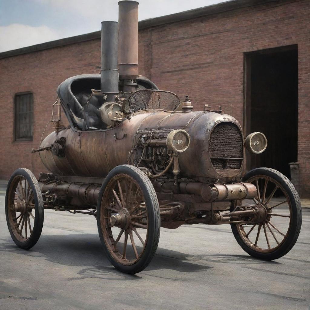 An imagined NASCAR car from the 1800s, effectively a time-traveling conception. The vehicle embraces steampunk aesthetics with iron and wood construction, large spoke wheels, rudimentary levers and dials in the cockpit, and steam billowing from a rear-mounted boiler