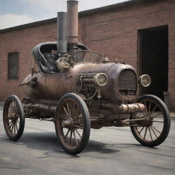 An imagined NASCAR car from the 1800s, effectively a time-traveling conception. The vehicle embraces steampunk aesthetics with iron and wood construction, large spoke wheels, rudimentary levers and dials in the cockpit, and steam billowing from a rear-mounted boiler