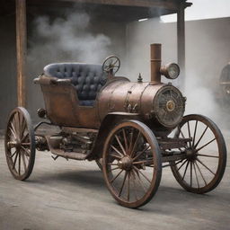 An imagined NASCAR car from the 1800s, effectively a time-traveling conception. The vehicle embraces steampunk aesthetics with iron and wood construction, large spoke wheels, rudimentary levers and dials in the cockpit, and steam billowing from a rear-mounted boiler