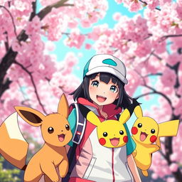 A vibrant scene featuring a dark-haired Asian girl Pokemon trainer with bangs, standing joyfully in front of a stunning cherry blossom background