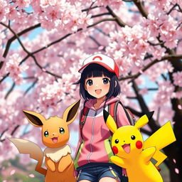 A vibrant scene featuring a dark-haired Asian girl Pokemon trainer with bangs, standing joyfully in front of a stunning cherry blossom background