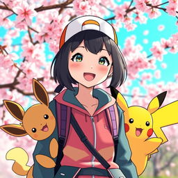 A vibrant scene featuring a dark-haired Asian girl Pokemon trainer with bangs, standing joyfully in front of a stunning cherry blossom background