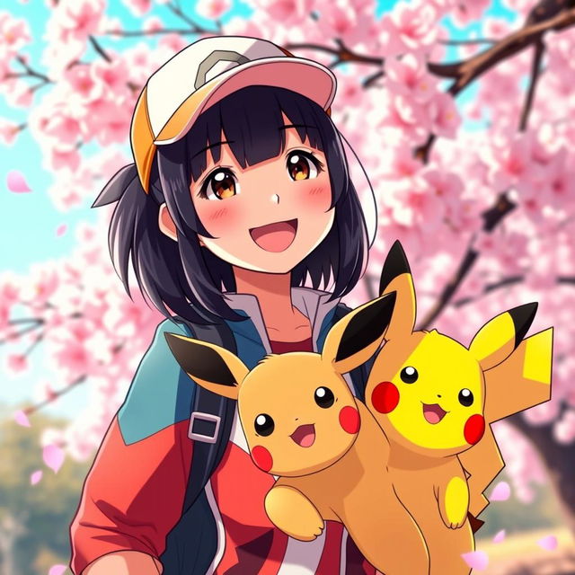 A vibrant scene featuring a dark-haired Asian girl Pokemon trainer with bangs, standing joyfully in front of a stunning cherry blossom background