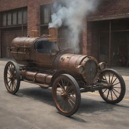 An imagined NASCAR car from the 1800s, effectively a time-traveling conception. The vehicle embraces steampunk aesthetics with iron and wood construction, large spoke wheels, rudimentary levers and dials in the cockpit, and steam billowing from a rear-mounted boiler