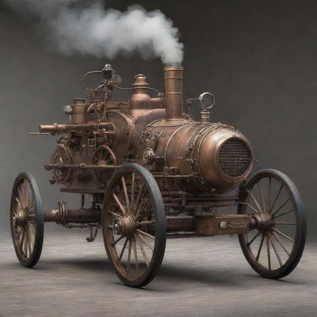 An imagined NASCAR car from the 1800s, effectively a time-traveling conception. The vehicle embraces steampunk aesthetics with iron and wood construction, large spoke wheels, rudimentary levers and dials in the cockpit, and steam billowing from a rear-mounted boiler