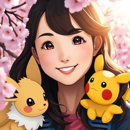 A close-up portrait of a dark brown-haired Asian girl Pokemon trainer with a bright smile, her hair styled in playful waves