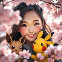 A close-up portrait of a dark brown-haired Asian girl Pokemon trainer with a bright smile, her hair styled in playful waves