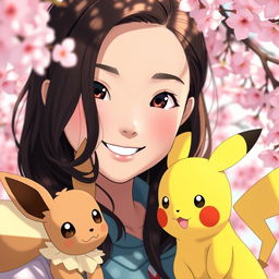 A close-up portrait of a dark brown-haired Asian girl Pokemon trainer with a bright smile, her hair styled in playful waves