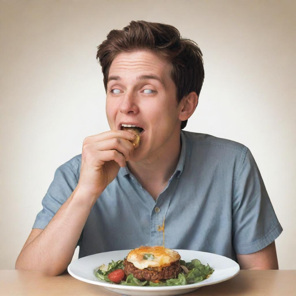 A detailed illustration of a person engrossed in the act of eating, joyfully savoring each bite of their meal.