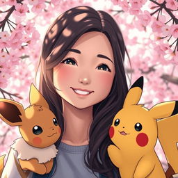 A close-up portrait of a dark brown-haired Asian girl Pokemon trainer with a bright smile, her hair styled in playful waves