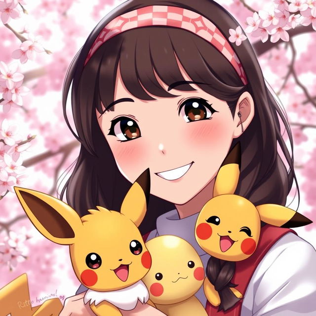 A captivating portrait of a dark brown-haired Asian girl Pokemon trainer, smiling warmly at the viewer