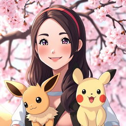 A captivating portrait of a dark brown-haired Asian girl Pokemon trainer, smiling warmly at the viewer