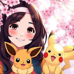 A captivating portrait of a dark brown-haired Asian girl Pokemon trainer, smiling warmly at the viewer