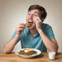 A detailed illustration of a person engrossed in the act of eating, joyfully savoring each bite of their meal.