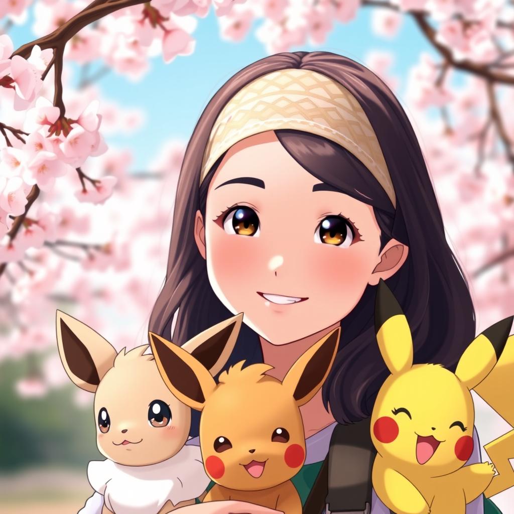 A captivating portrait of a dark brown-haired Asian girl Pokemon trainer, smiling warmly at the viewer