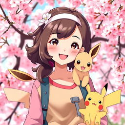 A charming portrait of a dark brown-haired Asian girl Pokemon trainer, radiating confidence and joy as she stands amidst a beautiful cherry blossom background