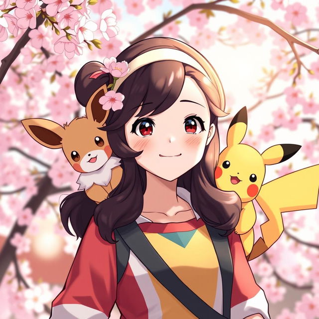 A charming portrait of a dark brown-haired Asian girl Pokemon trainer, radiating confidence and joy as she stands amidst a beautiful cherry blossom background