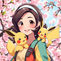 A charming portrait of a dark brown-haired Asian girl Pokemon trainer, radiating confidence and joy as she stands amidst a beautiful cherry blossom background